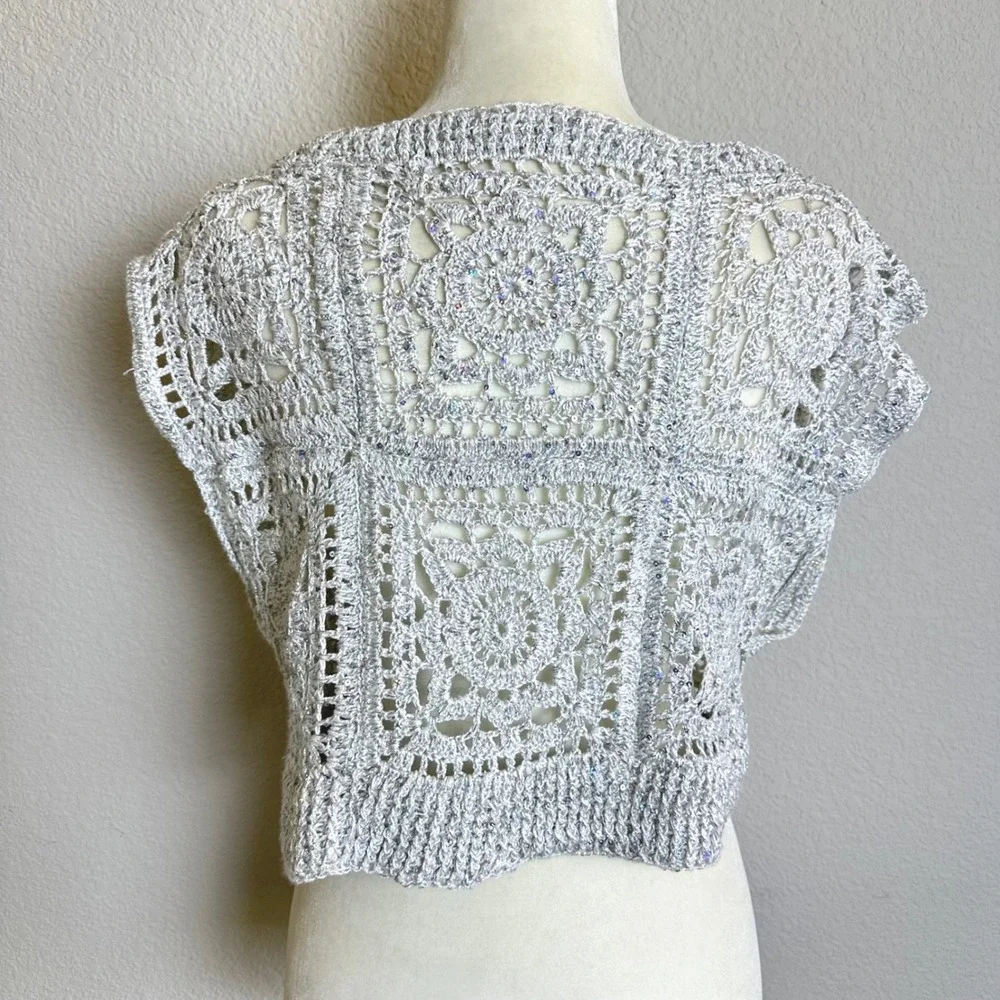 Handmade Silver Metallic Crochet Sequin Granny‎ Square Crop Top Festival Boho